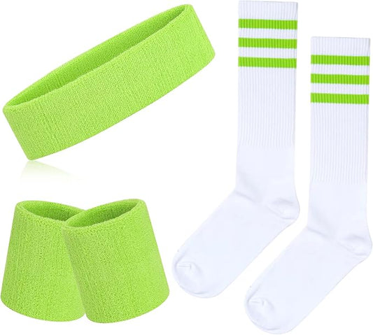 ONUPGO 5 Pieces Sweatbands Striped Socks Set Sports Headband Wristbands High Tube Socks 80s Accessories Costumes