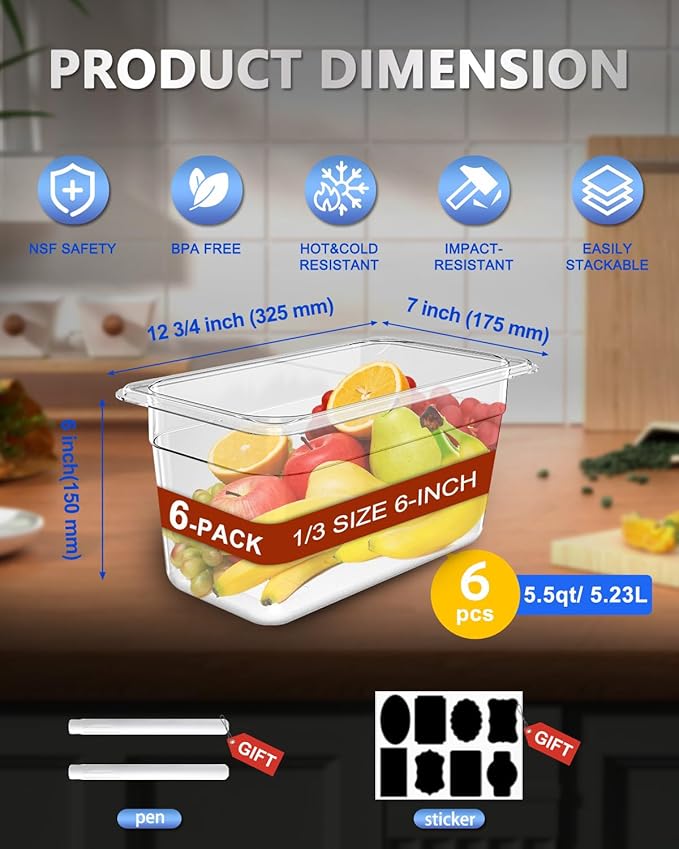 1/3 Size&6 Inch Commercial Food Pan with Lids-[NSF Certified][Hot&Cold Resistant] 4PCS Clear Restaurant Food Storage Containers with Lids, Topping Salad Bar Container (BPA-FREE)