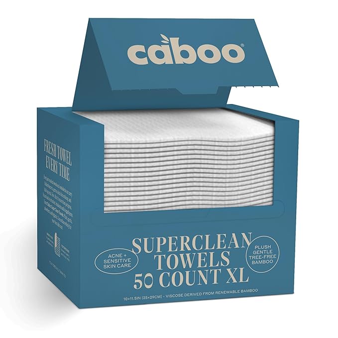 Caboo Bamboo Disposable Face Towels - 50 Count of Lint Free Single Use Face Towels - Soft, Biodegradable, & Extra Large (10 x 11.5 Inches) - Eco Friendly Alternative to Makeup Wipes & Wash Cloths
