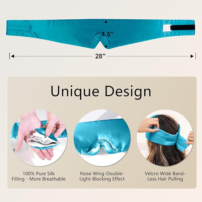 ZIMASILK 100% 22 Momme Mulberry Silk Sleep Mask - Full Silk Filled, Ultra-Soft & Breathable, Face-Hugging Blackout Eye Cover for Sleeping (Peacock Blue)