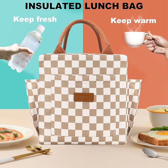 Joymee Lunch Bag Women Insulated Lunch Box Reusable Leakproof Large Spacious Cooler Tote for Women Men Adult with Bottle Holder and Side Pockets for Work Office Travel Picnic - Checker Brown
