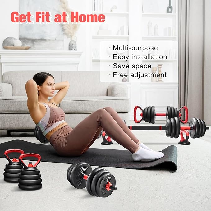 RELIFE REBUILD YOUR LIFE Adjustable Dumbbells Set 6 in 1 Weight Set Dumbbell Barbell Kettlebells, Push-up, Push up Stand and Ab roller for Workout Home Fitness Equipment