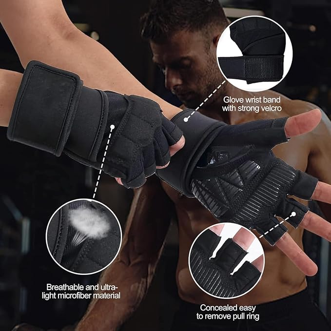 Workout Gloves for Men and Women Gym Weight Lifting Padded Gloves with Wrist Wrap Support, Full Palm Protection & Silicone Grip, Cross Training, Fitness, Pull-up