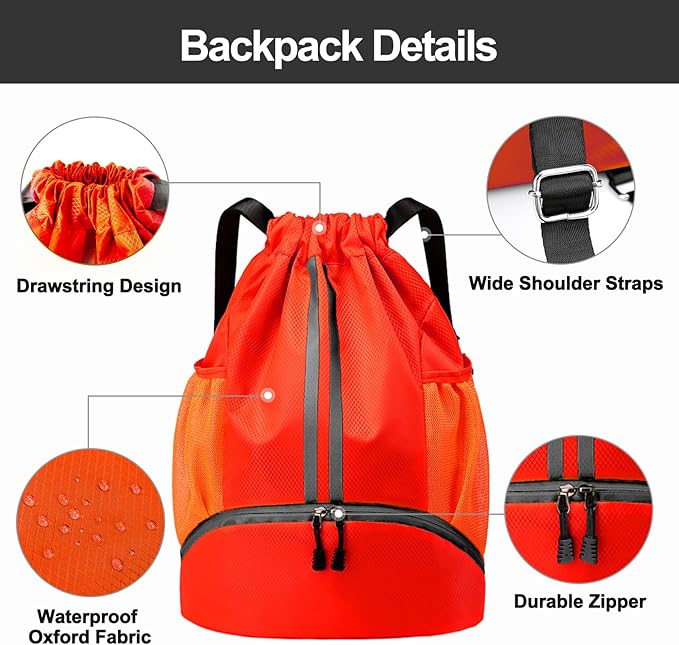 Hoedia Sports Drawstring Backpack - String Swim Gym Bag with Shoes Compartment and Wet Proof Pocket for Women&Men (Red)
