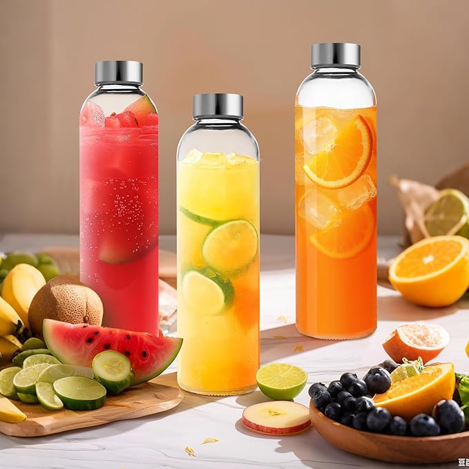 Set of 6 Clear Glass Water Bottles with Lid 18oz for Juicing Reusable Bottle Glass Cup with Stainless Steel for Juicing, for Halloween Refrigerator 100% Leak Proof Drinking Jar, BPA Free