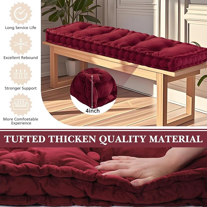 Bench Cushions for Indoor Furniture 42x16 in Velvet Kitchen Dining Piano Window Seat Cushion, Tufted Patio Porch Swing Thicken Bench Pad Memory Foam for Christmas Decor(Dark Red)