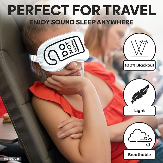 VITYA White Do Not Disturb/Wake Me Up Double-Sided Silk Sleep Mask for Women/Men | Sleep Mask Light Blocking | Soft Breathable Sleep Eye Mask for Traveling on Airplane | Eye Mask with Elastic Strap