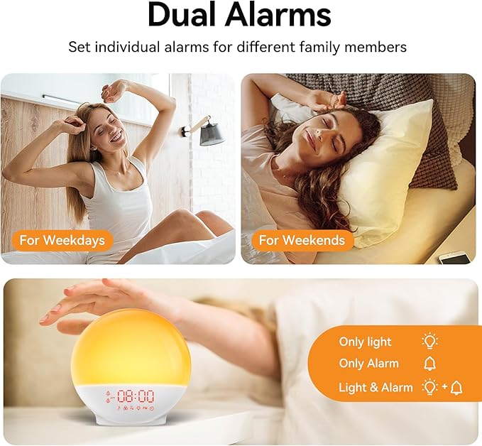Wake Up Light Sunrise Alarm Clock with 10,000 Lux Therapy Light, White Noise Machine, Sleep Aid, 11 Soothing Colors, Dual Alarms & Snooze
