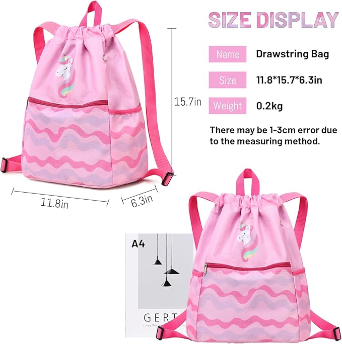 Drawstring Backpack for Girls Women Lgihtweight Large Travel Bags Sport String Bag Sackpack for Gym Shopping Yoga Bag Unicorn Pink