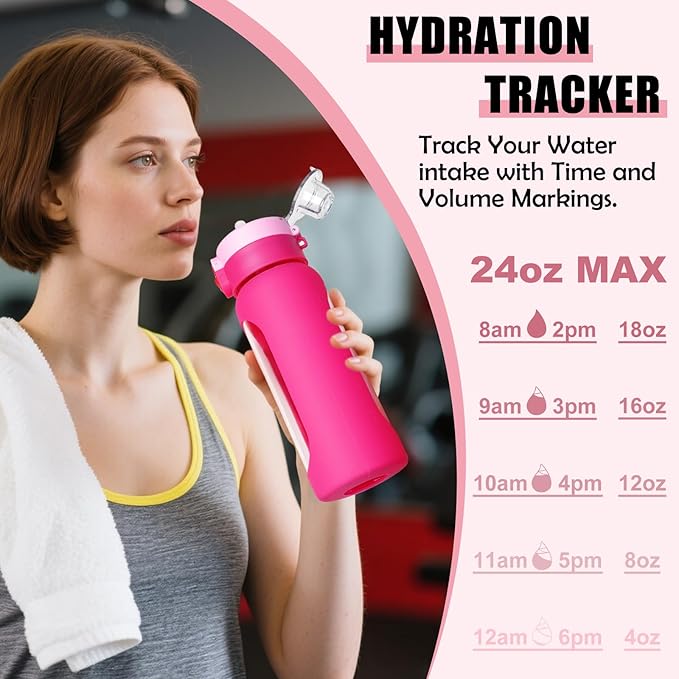 ANOTION 24OZ Glass Water Bottle, Large Sports Water Bottle with Dual-Drink Lid Clear Leakproof Glass Bottles with Straw, Motivational Jug with Silicone Sleeve and Time Marker for Travel Gym-Pink