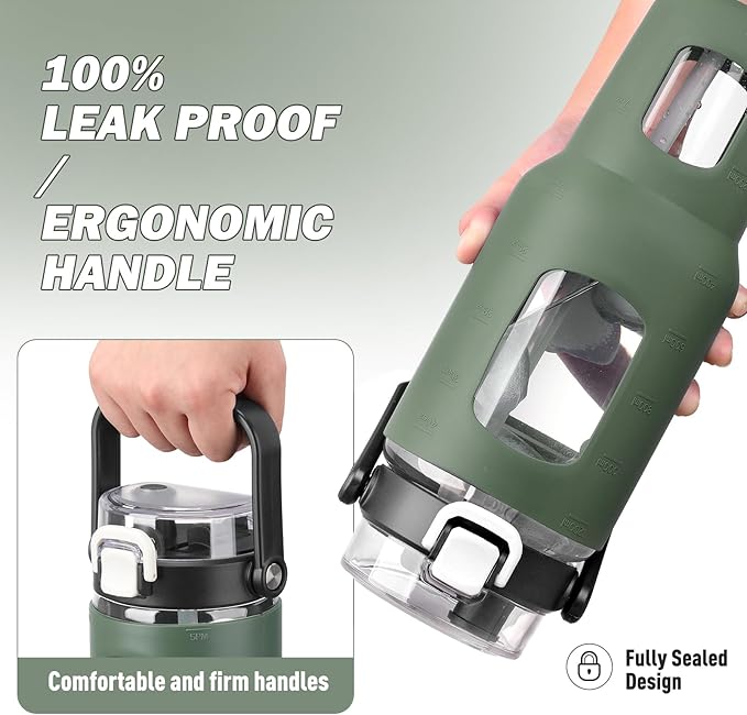 BLUEGO 40 oz Glass Water Bottles with Straw Time Marker, Glass Tumbler with Handle Top Lids, Easy to Clean, Fits in Car Cup Holder, Leakproof Jug for Gym, Sports, Workout & Daily, Olive