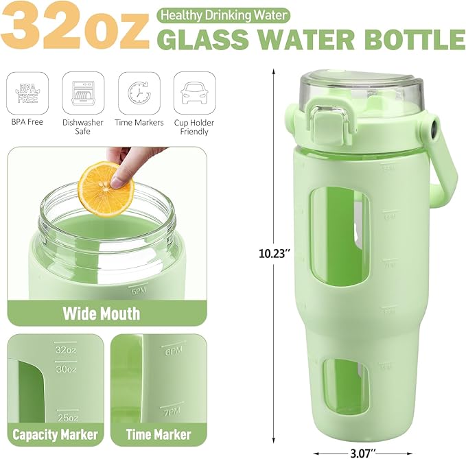 BLUEGO 32oz Glass Water Bottles with Straw Time Marker Half Gallon Large Motivational Water Bottle with Silicone Sleeve 2 Liter Large Glass Water Jug for Gym, Sports& Workout, Daily, Green