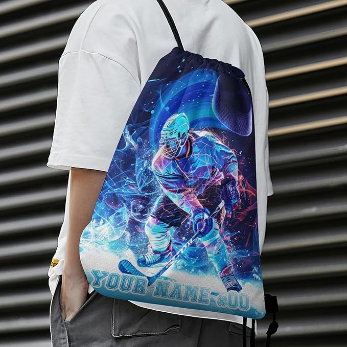 Custom Hockey Drawstring Backpack - Cool Cinch Sack, String Backpacks for Kids Women Men Boys Girls for Gym Outdoor Sports Travel Athletic Drawstring Bag - Lightweight/Foldable