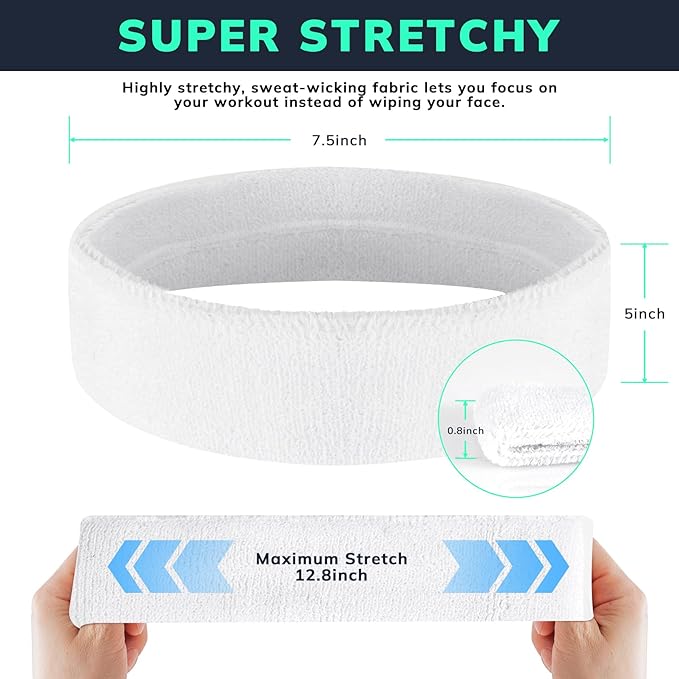 Sweatbands Sports Headband for Men & Women - Terry Cloth Moisture-Wicking Sports Towel Headband for Tennis, Basketball, Running, Gym, and Fitness Working Out