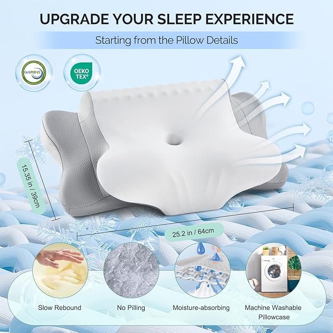 Cervical Pillow for Neck Pain Relief - Cooling Ergonomic Dual-Sided Orthopedic Neck Pillow with Ice Silk Pillowcase, Breathable Memory Foam Contour Pillow for Side, Back, Stomach Sleepers