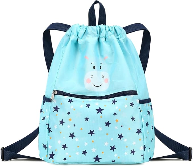 Drawstring Backpack Gym Backpack Sports Bag for Swim Women Men Workout Bag Draw String Back Sack for Soccer Beach Gear Letters Hippo Water Blue