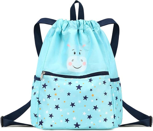 Drawstring Backpack Gym Backpack Sports Bag for Swim Women Men Workout Bag Draw String Back Sack for Soccer Beach Gear Letters Hippo Water Blue