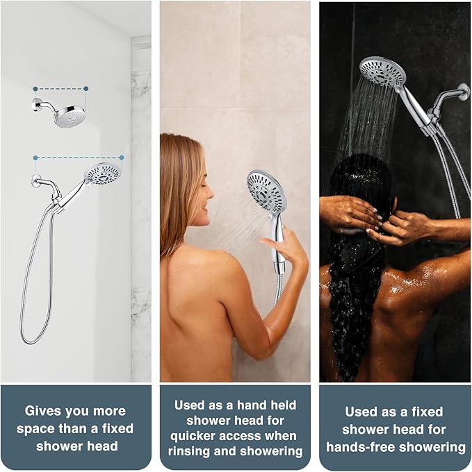 BRIGHT SHOWERS 9 Spray Settings Shower Head with Handheld High Pressure Hand Held Showerhead with 60 Inch Stainless Steel Hose and Adjustable Overhead Bracket, Chrome