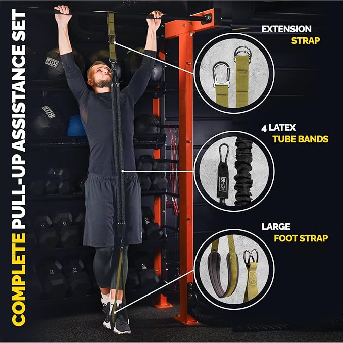 Pull Up Assistance Bands Set - 4 Heavy-Duty Pull Up Bands, Height Adjustable Strap & Comfortable Foot Strap - Stackable Pull Up Resistance Bands for Pull Ups