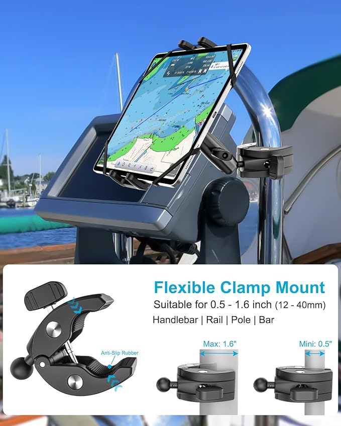 Boat Helm Tablet Mount, Marine Rail Tablet Holder with Aluminum Arm, 360° Adjustable Sailboat Pole Rod Handle Bar Clamp Mount for iPad Pro 13 12.9 11 Air Mini, Galaxy Tab, iPhone, 4-13" Device