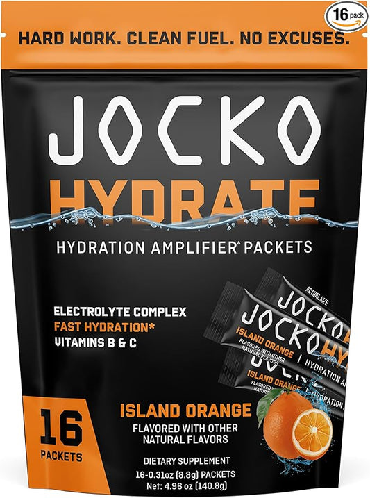 Jocko Fuel Hydrate Electrolytes Powder Packets Low Sugar - Hydration Amplifier Packets for Recovery, Dehydration, & Exercise - with Vitamins B6, B12 & C (16 Packets) Island Orange