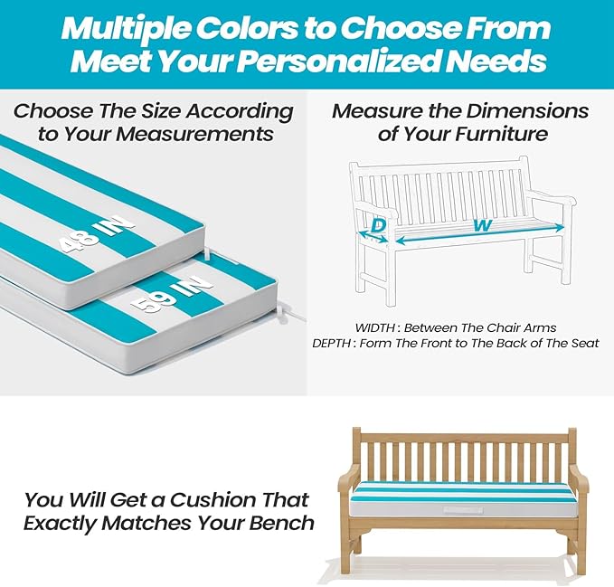 Crestlive Products Outdoor Bench Cushion 48 x 18 Inch, Waterproof Patio Bench Cushions for Outdoor Furniture, Porch Swing Replacement Pad with 30D Foam, Adjustable Straps, Blue White Stripe