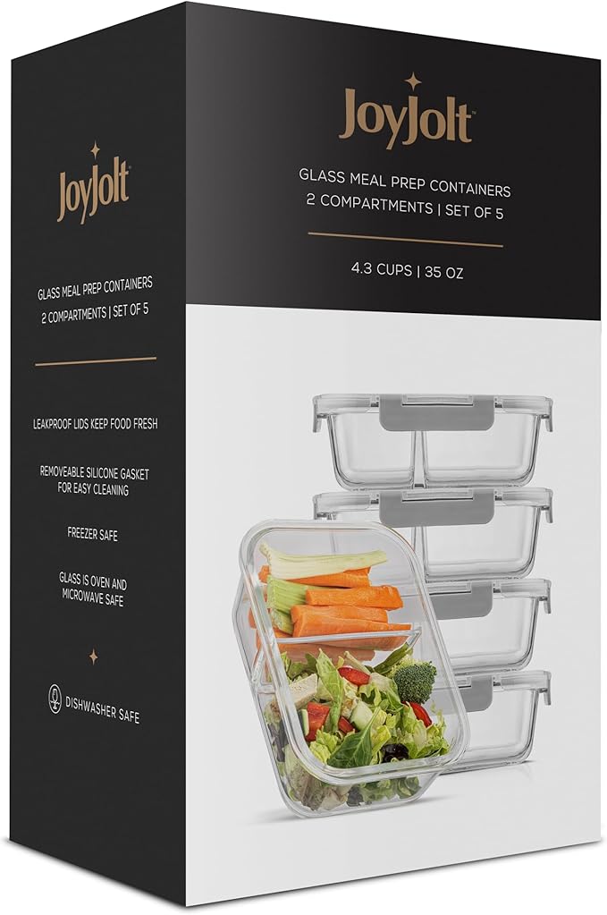 JoyJolt Divided Food Storage Containers with Lids Airtight. 5 Pack Glass Meal Prep Containers 2 Compartment Set Glass Bento Box. Reusable Food Containers, Portion Control Containers for Weight Loss