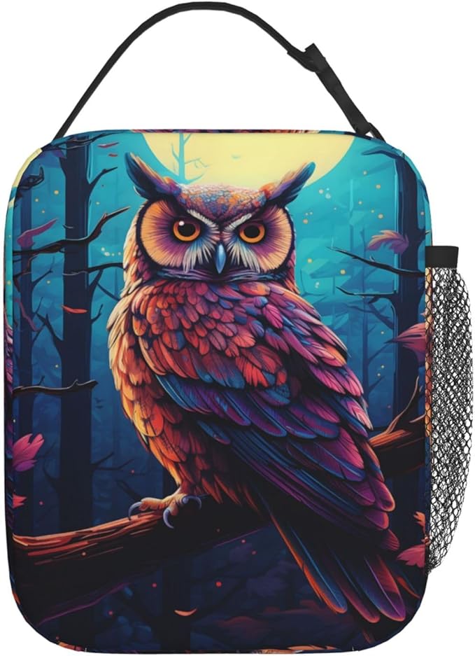 Cool Owl Lunch Box for Kids,Bird Insulated Bag for Student,Animal Reusable Thermal Insulation Cooler Tote Bags for School Work Picnic Camping Outdoor Gifts (Owl and Moon)