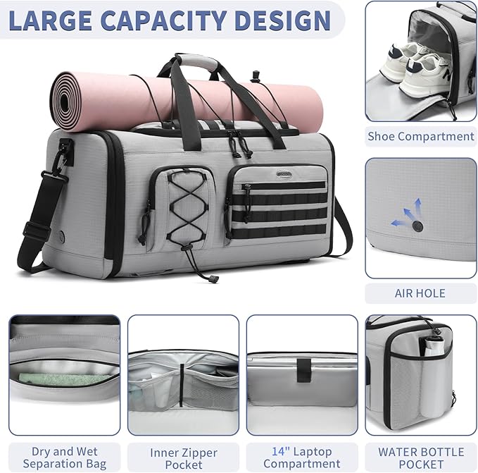 Bosstin Gym Bag for Men & Women,45L Travel Duffle Sports Duffel Bag Gym Weekender Overnight Backpack with Shoe Compartment (GREY CHECKERED)