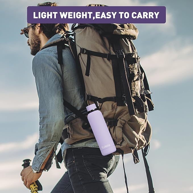 Slim Insulated Water Bottles for Travel 18oz with Clip, Double Wall Vacuum Stainless Steel Water Bottle Keeps Drinks Cold 24 Hrs/Hot 12 Hrs, 100% Leakproof, BPA Free(Purple)