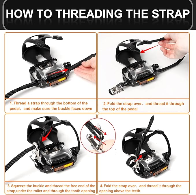 Bucklos Bike Pedals with Toe Cages and Straps - Bicycle Toe Clips Cage Compatible with Road Bike/Peloton/Mountian Bikes/MTB - Toe Clip Pedal for Wide Shoes Indoor Outdoor Cycling