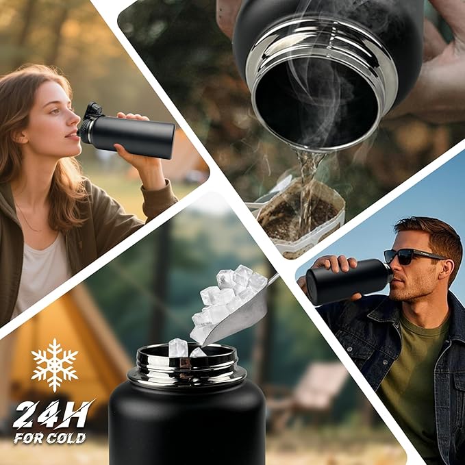 32 Oz Insulated Water Bottle - Stainless Steel Metal Military Black Water Jug with Sleeve, Gym Water Bottles for Men Sports Workout Hiking with Black Water Bottle Pouch