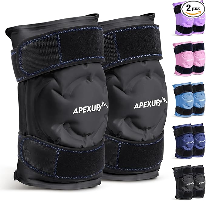 APEXUP Ice Pack for Knee Pain Relief, Large Reusable Wrap After Surgery, Flexible Gel Cold Pack for Injuries, Pain Relief for Back, Shoulder, Elbow, Ankle and Leg (Black, L, 2PK)