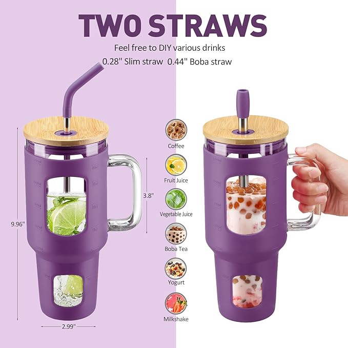 Glass Tumbler with Straw and Lid, 40 oz glass cup with handle, Glass Water Bottles with Time Marker, Silicone Protective Sleeve-Dark Purple