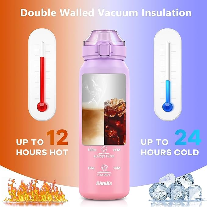 24oz Insulated Water Bottle 18/10 Stainless Steel with 2Lids(Straw Lid& Spout Lids), 700ml Double Wall Vacuum Water Bottle with Handle Keep Cold and Hot for Men, Women & Kids PURPLE PINK