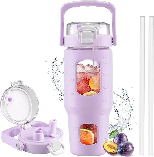 BLUEGO 32oz Glass Tumbler with Lid and Handle, Iced Coffee Cup with Straws, Glass Water Bottle with Silicone Sleeve and Volume, Marker Glass Cup with Time Marking, BPA Free, Purple