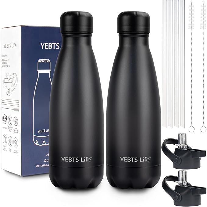 Insulated Water Bottle,2 Pack-9oz Stainless Steel Water Bottles with straw lid,Metal Sports Thermos Water Bottles for Boys,Girls,Double Wall Vacuum BPA-Free Flask for School, Sports & Travel-Black