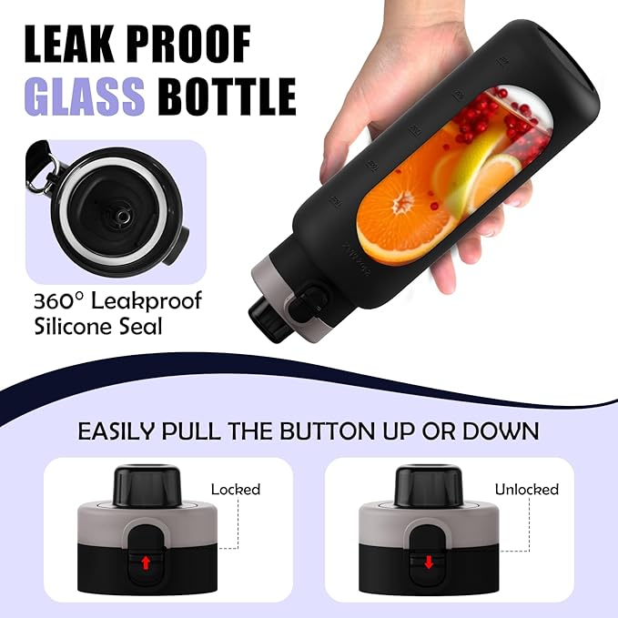 ANOTION 24OZ Glass Water Bottle, Large Sports Water Bottle with Dual-Drink Lid Clear Leakproof Glass Bottles with Straw, Motivational Jug with Silicone Sleeve and Time Marker for Travel Gym-Black