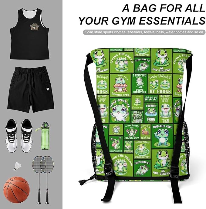 Custom Frog Drawstring Backpack - Cute Cinch Sack, String Backpacks with Pocket for Kids Women Men Boys Girls for Gym Outdoor Sports Travel Athletic Drawstring Bag - Lightweight/Foldable