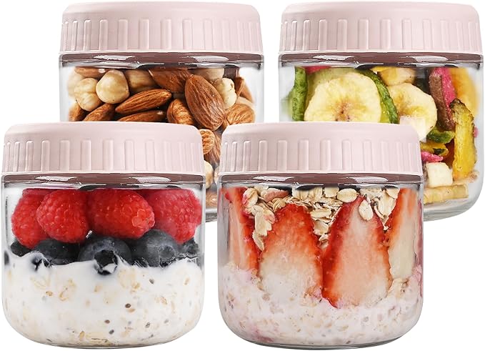Overnight Oats Containers with Lids, 10oz Glass Jars with Lids 4 pcs, Pink, Wide Mouth Mason jars for Salad, Yogurt, Snacks, Meal Prep