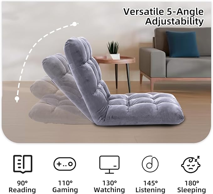 FLOGUOR Indoor 5-Position Adjustable Floor Chair with Back Support Folding Padded Gaming Sofa Chair, Lounge Chair for Adults Video Gaming, Perfect for Meditation, Reading QL050-GR