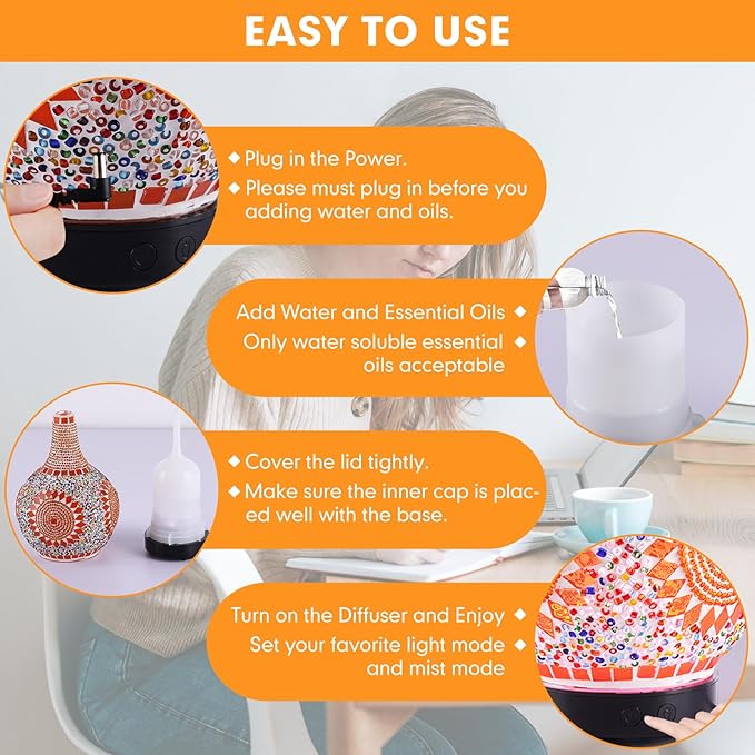 Mosaic Glass Diffuser, Tiffany Aromatherapy Diffuser 7 Color Changing Turkish LED Cold Air Diffuser Sunflower Moroccan Essential Oils for Diffusers for Home Office