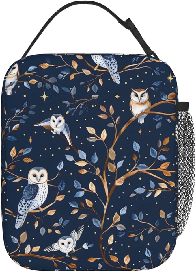 Cool Owl Lunch Box for Kids,Bird Insulated Bag for Student,Animal Reusable Thermal Insulation Cooler Tote Bags for School Work Picnic Camping Outdoor Gifts (Nighttime Owl Dark Blue)