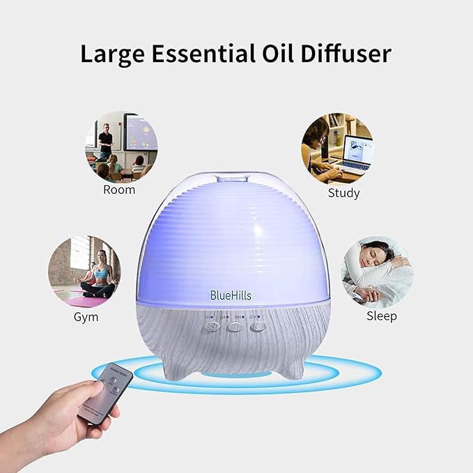 BlueHills Premium 1000 ML Large XL Essential Oil Diffuser with Remote Aroma Humidifier for Large Room Home Long Run Time Huge Coverage Area Lights High Mist Output Big Capacity White Wood Grain N1