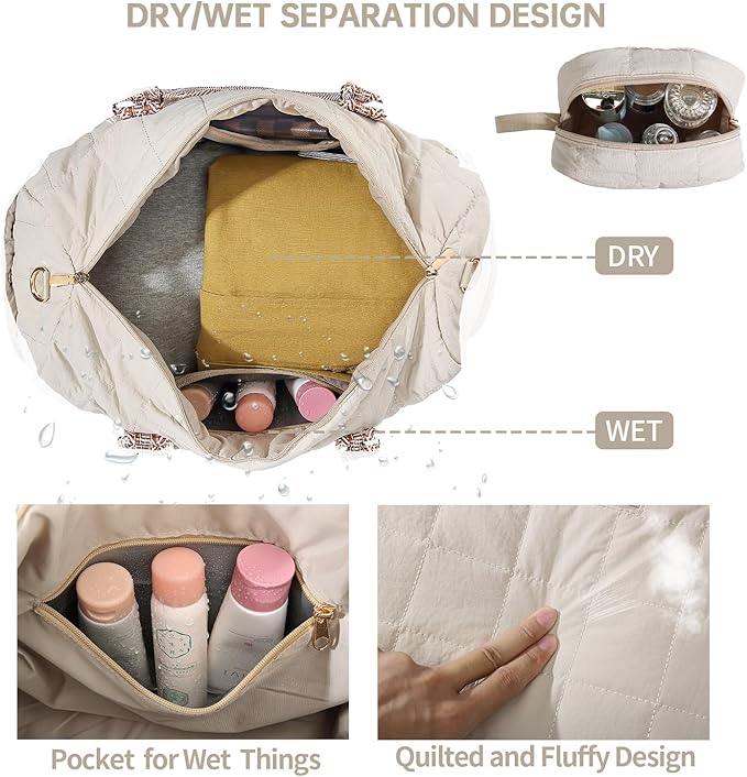 Duffle Bag for Travel, Weekender Bag with Shoe Compartment, Carry On Overnight Bag for Women with Toiletry Bag, Gym Bag with Wet Pocket, Hospital Bags for Labor and Delivery Beige