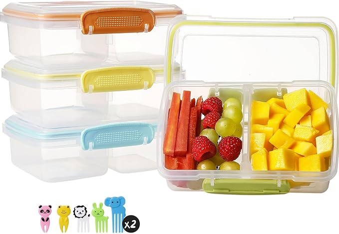 4 Pack Plastic Snack Containers with Lids, 2 Compartment Food Container for Kids Snack Box, Travel Bento Lunch Containers with forks for Fruits/Candies, Divided Food Storage Containers for School