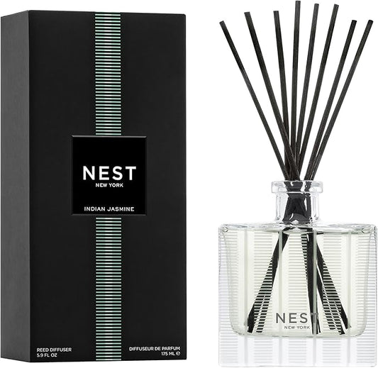 NEST New York Reed Diffuser, Indian Jasmine - 5.9 fl oz - Fragrance for Up to 90 Days - Reusable, Refillable Glass Holder - Includes 8 All-Natural Reed Sticks - Flame Free