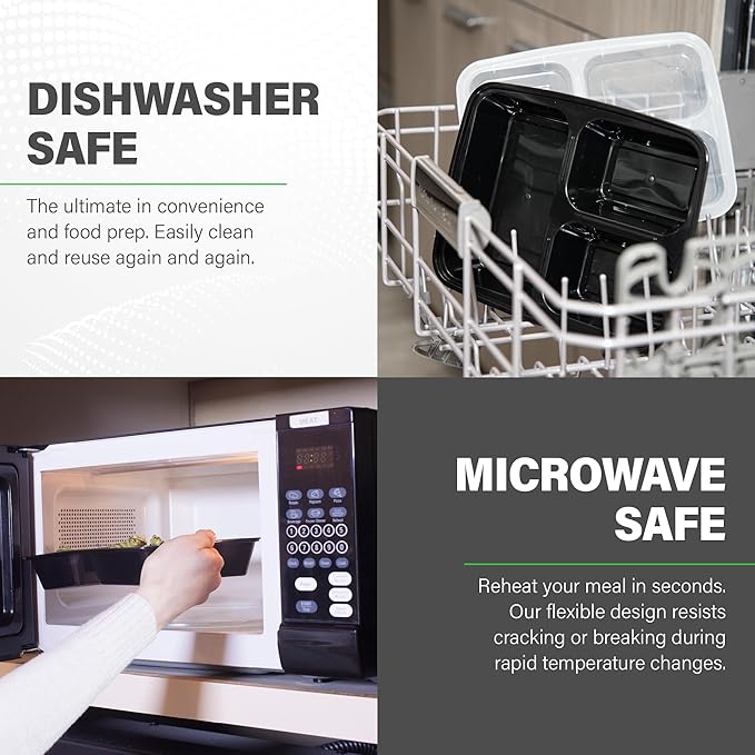 Ez Prepa [20 Pack] 32oz 3 Compartment Meal Prep Containers with Lids - Bento Box - Plastic - Stackable, Reusable, Microwaveable & Dishwasher Safe