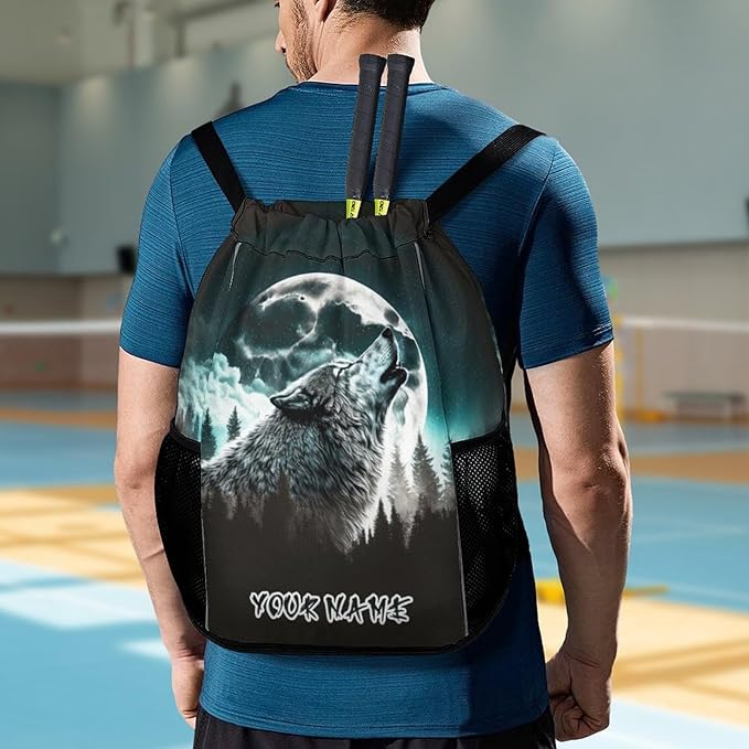 Custom Wolf Drawstring Backpack - Cute Cinch Sack, String Backpacks with Pocket for Women Men Kids Boys Girls for Gym Outdoor Sports Travel Athletic Drawstring Bag - Lightweight/Foldable