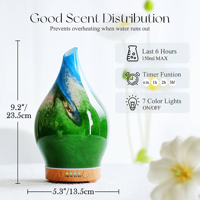 Porseme 150ml Essential Oil Diffuser Glass Color Changing Aroma Air Diffusers Aromatherapy Ultrasonic Cool Mist Humidifier 6 Running Hours Waterless Auto-Off for Sleeping Yoga Office Spa (Blue Grass)
